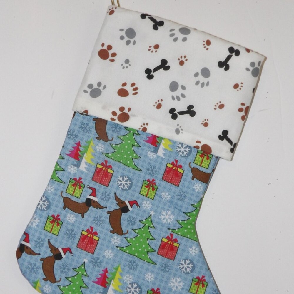 Weineer Dogs Christmas Trees 14" Hand Crafted Christmas Stocking Gold Cord